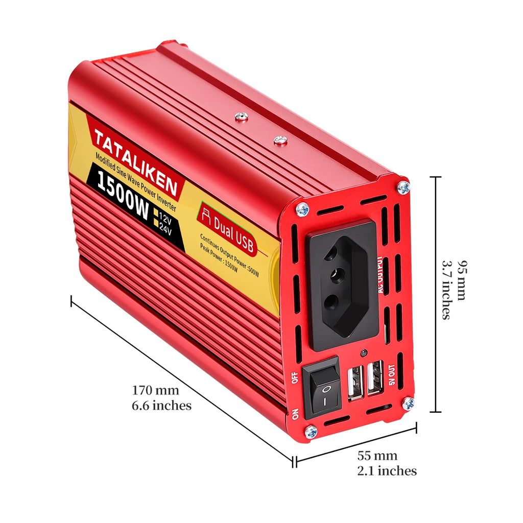 Car Power Inverter 600W–2500W – 12V DC to 110V/220V AC Converter with Dual USB