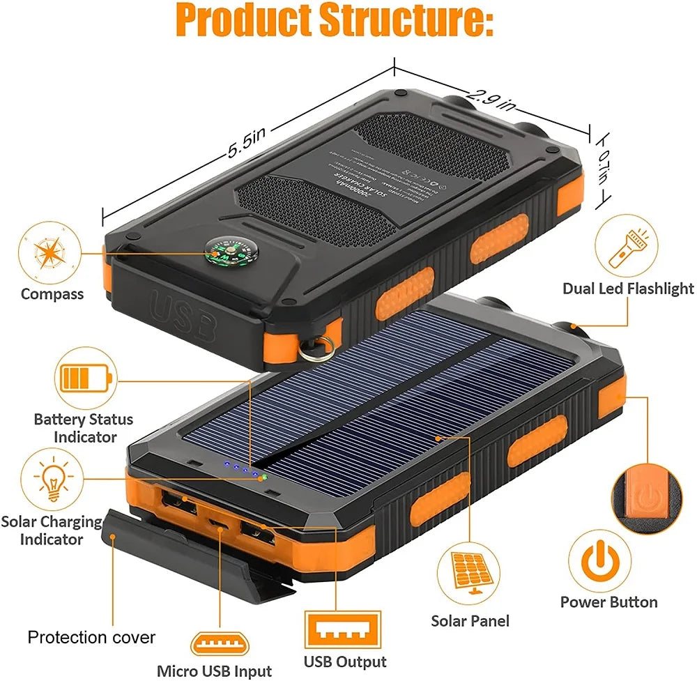 Solar Power Bank 80,000mAh – Portable Charger with LED Flashlight & Compass