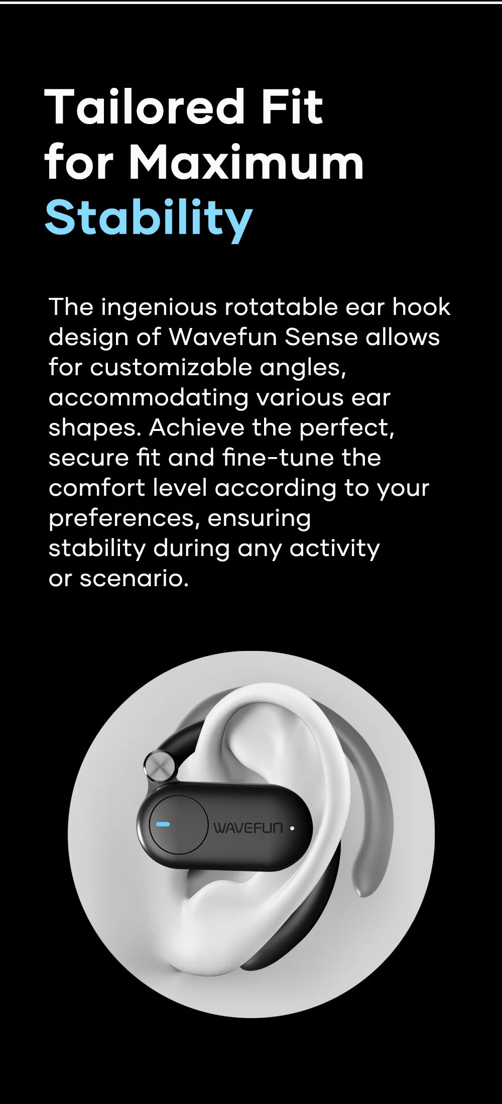Wavefun Sense Open-Ear Wireless Headphones – Bluetooth 5.3 with Mic & Adjustable Hook