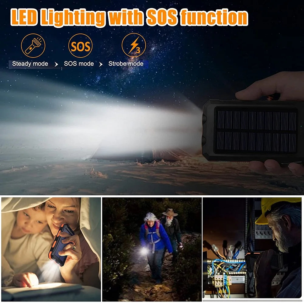 Solar Power Bank 80,000mAh – Portable Charger with LED Flashlight & Compass