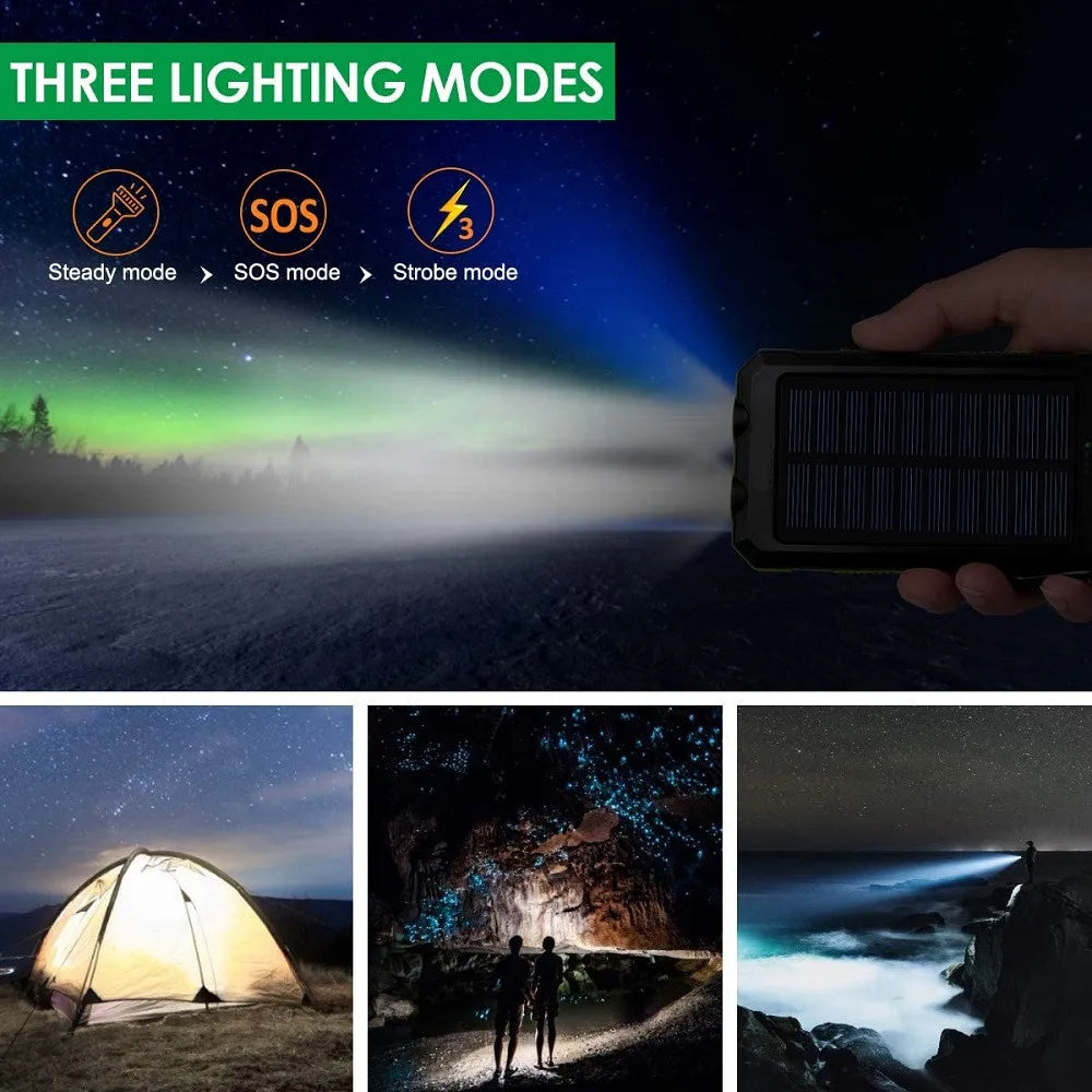 Solar Power Bank 80,000mAh – Portable Charger with LED Flashlight & Compass