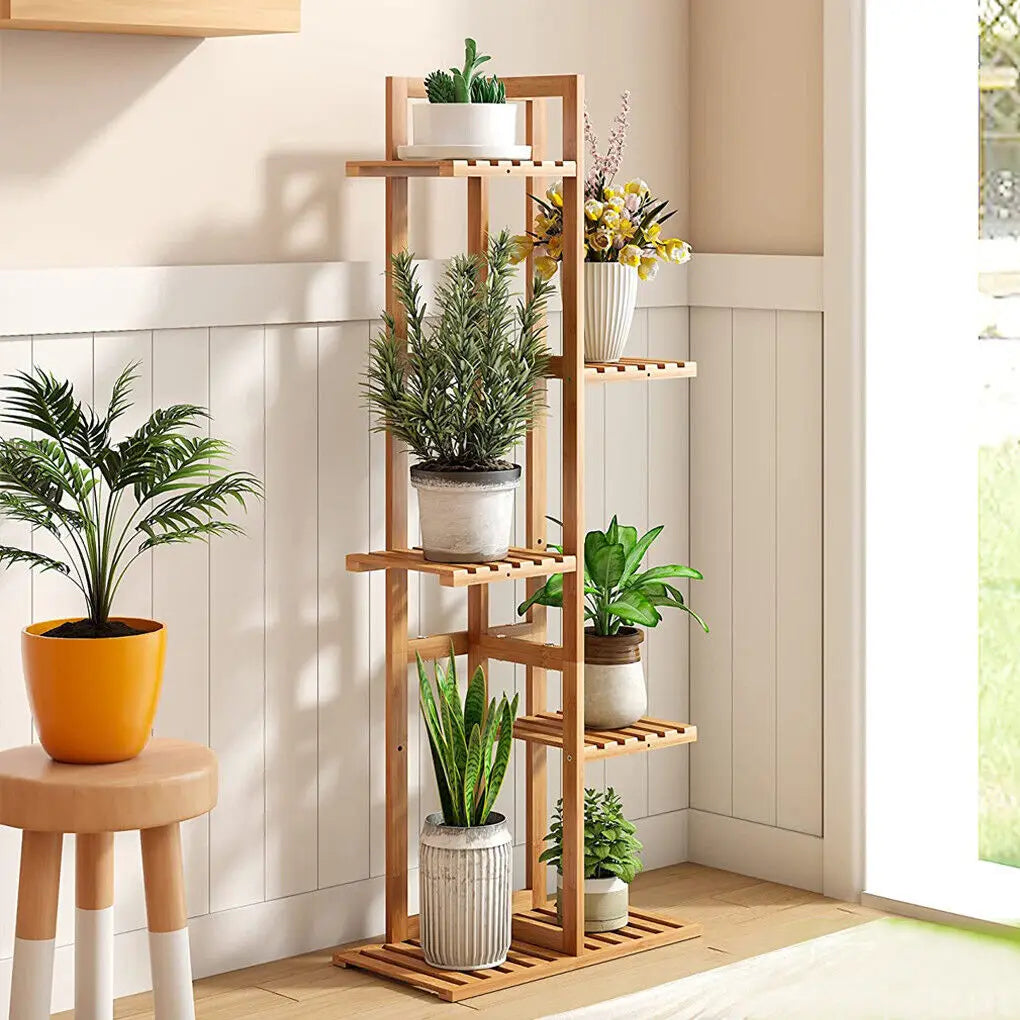 5 / 6 Tiers Tall Bamboo Plant Stand Corner Flower Display Rack for Indoor Outdoor