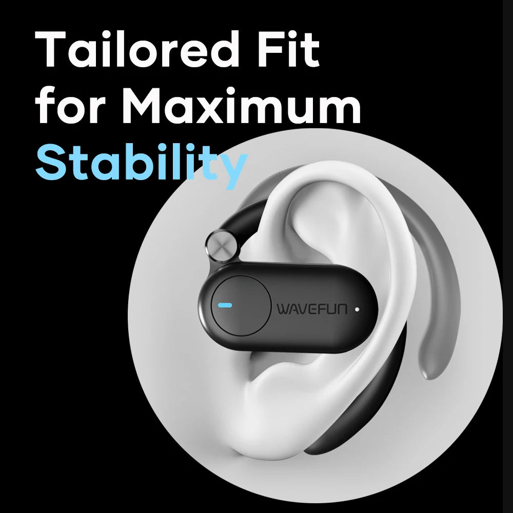 Wavefun Sense Open-Ear Wireless Headphones – Bluetooth 5.3 with Mic & Adjustable Hook