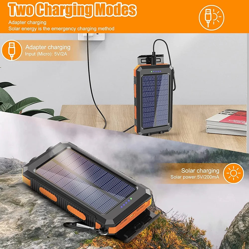 Solar Power Bank 80,000mAh – Portable Charger with LED Flashlight & Compass