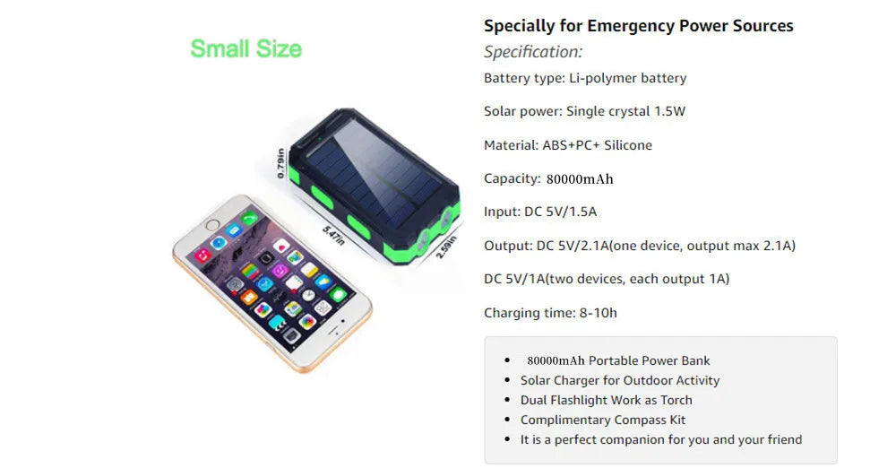 Solar Power Bank 80,000mAh – Portable Charger with LED Flashlight & Compass