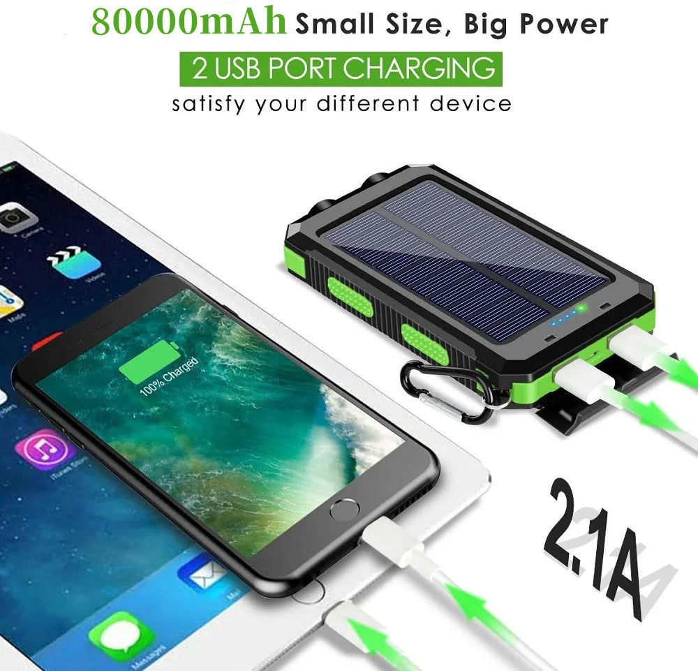 Solar Power Bank 80,000mAh – Portable Charger with LED Flashlight & Compass