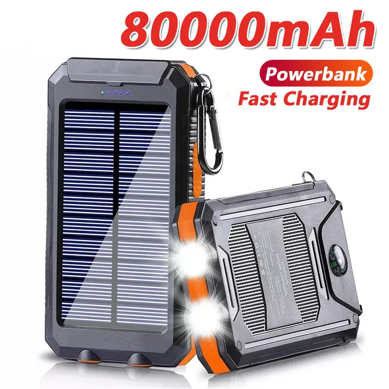 Solar Power Bank 80,000mAh – Portable Charger with LED Flashlight & Compass
