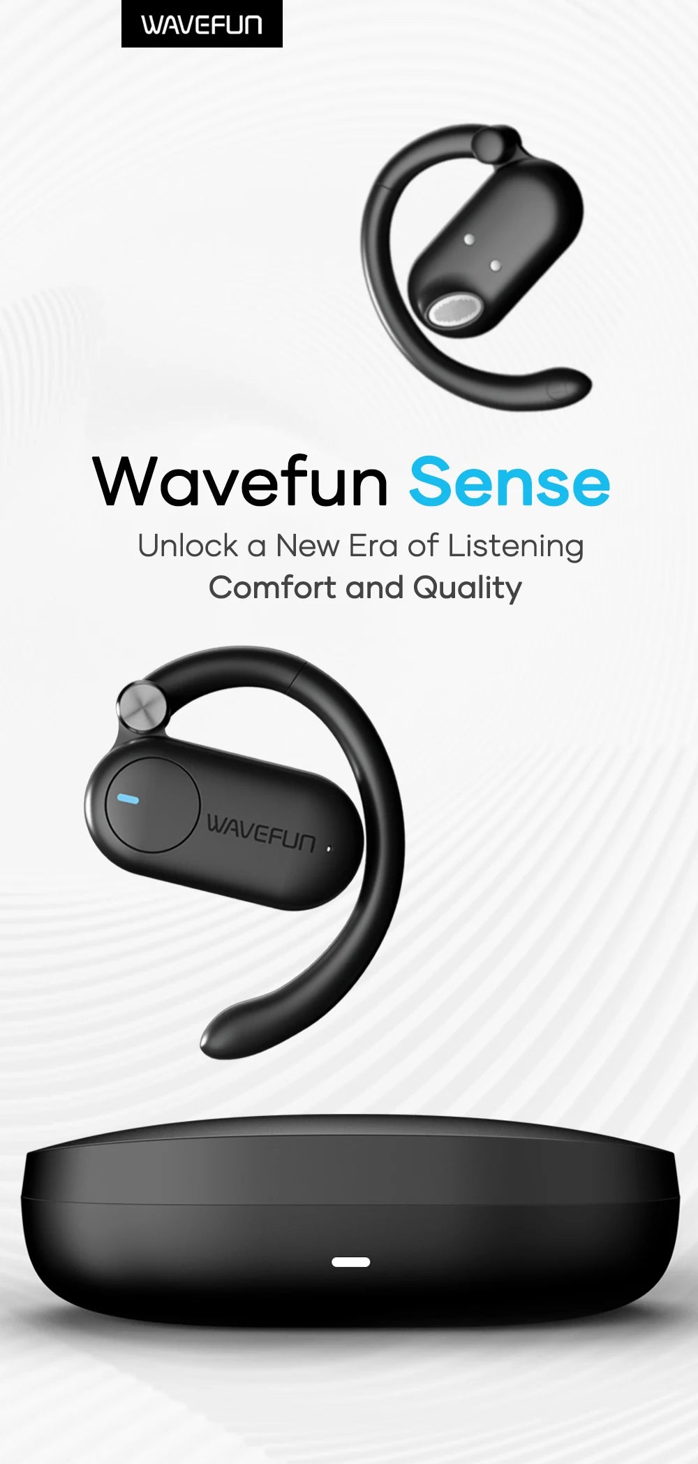 Wavefun Sense Open-Ear Wireless Headphones – Bluetooth 5.3 with Mic & Adjustable Hook