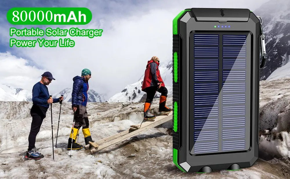 Solar Power Bank 80,000mAh – Portable Charger with LED Flashlight & Compass