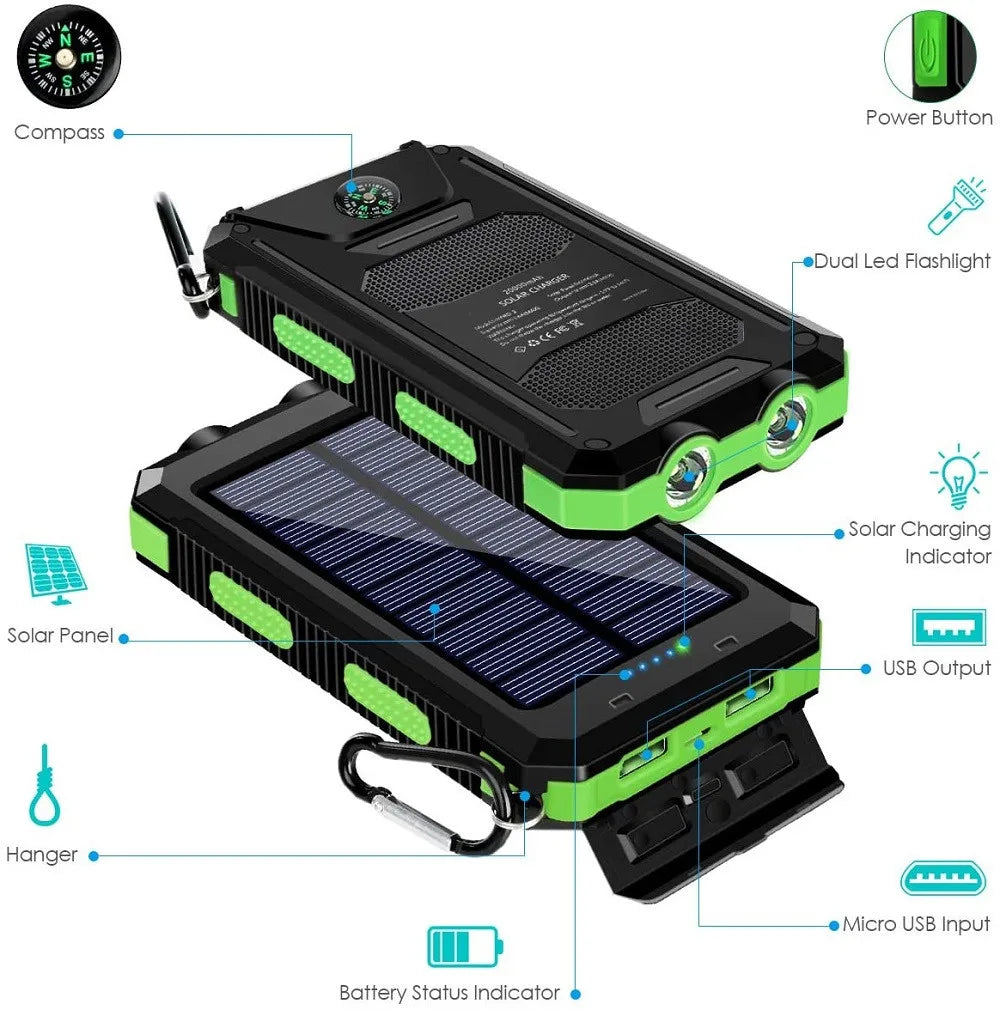 Solar Power Bank 80,000mAh – Portable Charger with LED Flashlight & Compass