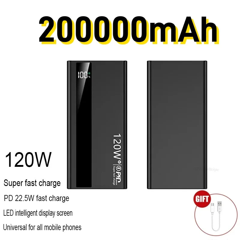 120W Fast Charging Power Bank – 200,000mAh Portable Charger with LED Display