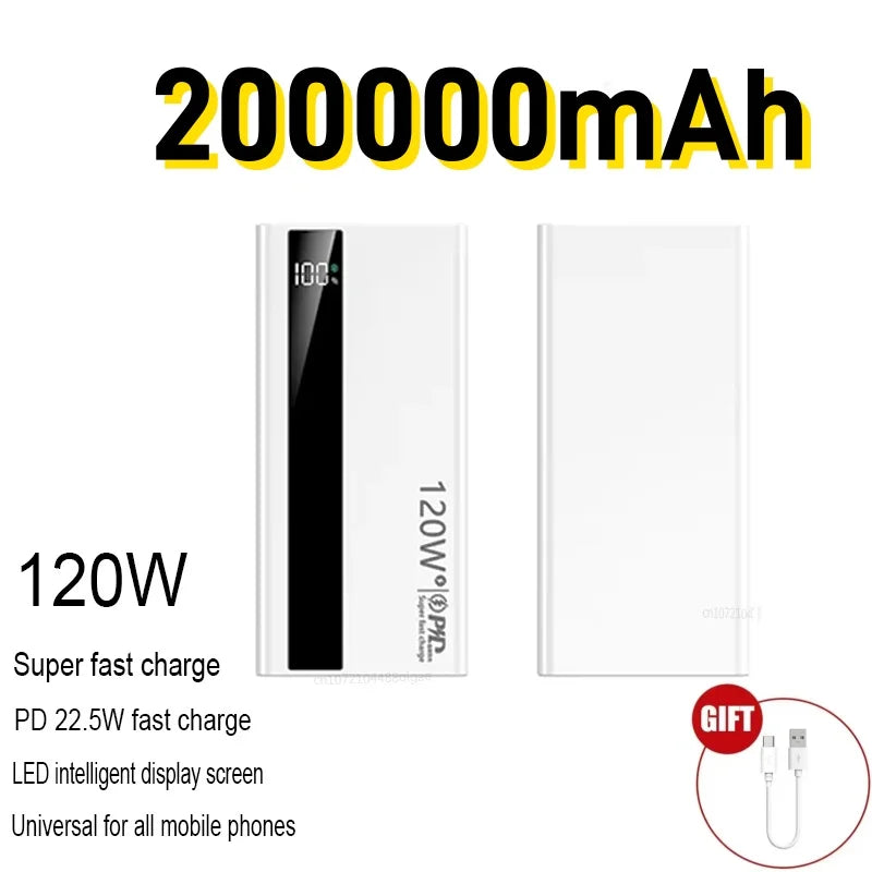 120W Fast Charging Power Bank – 200,000mAh Portable Charger with LED Display